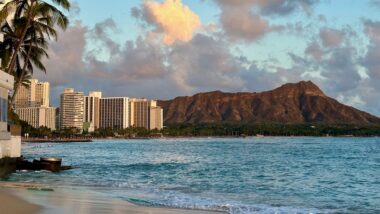 sunset views over Waikiki Beach in Honolulu on the island of Oahu, Hawaii