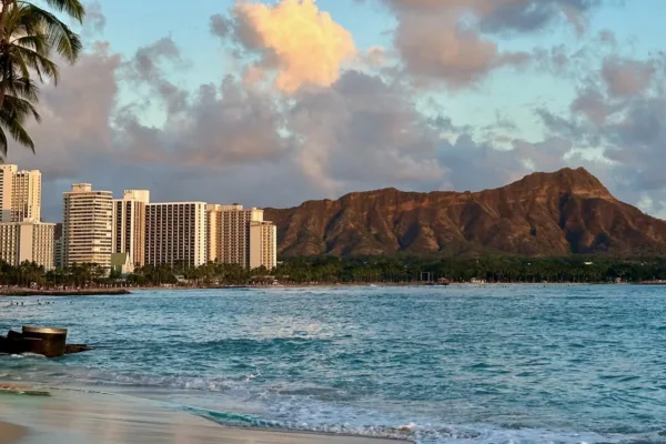 sunset views over Waikiki Beach in Honolulu on the island of Oahu, Hawaii