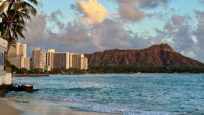 sunset views over Waikiki Beach in Honolulu on the island of Oahu, Hawaii