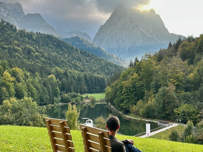 views of zugspitze mountain and Riessersee lake from garmisch-Partenkirchen hotel