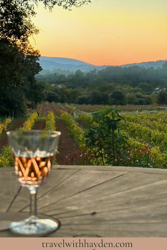 Sunset over vineyard with wine
