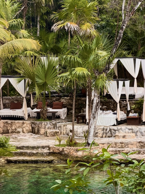 Tropical resort with lounging areas